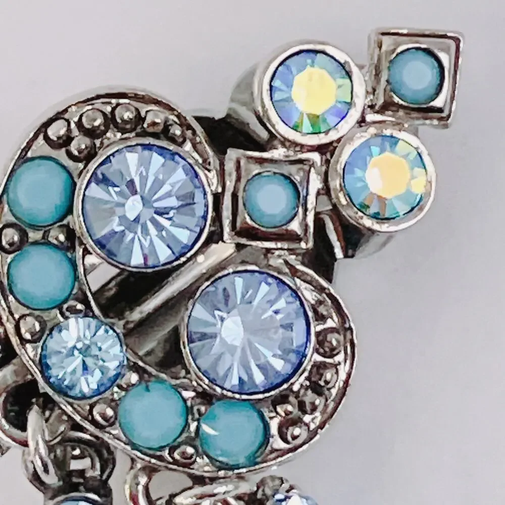 Signed Kirks Folly Blue Rhinestone Floral Chandelier Clip On Earrings Vintage